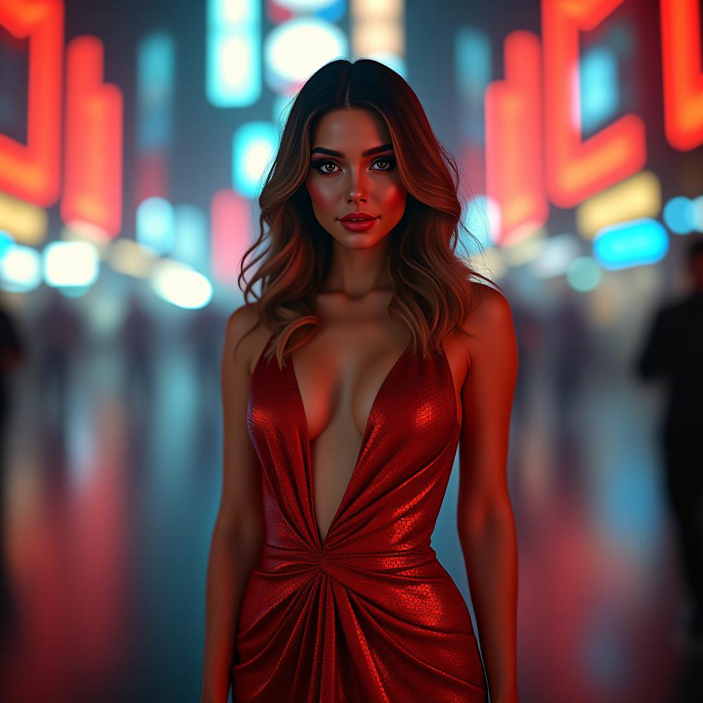  lady in red in las vegas hyperrealistic, full body, detailed clothing, highly detailed, cinematic lighting, stunningly beautiful, intricate, sharp focus, f/1. 8, 85mm, (centered image composition), (professionally color graded), ((bright soft diffused light)), volumetric fog, trending on instagram, trending on tumblr, HDR 4K, 8K