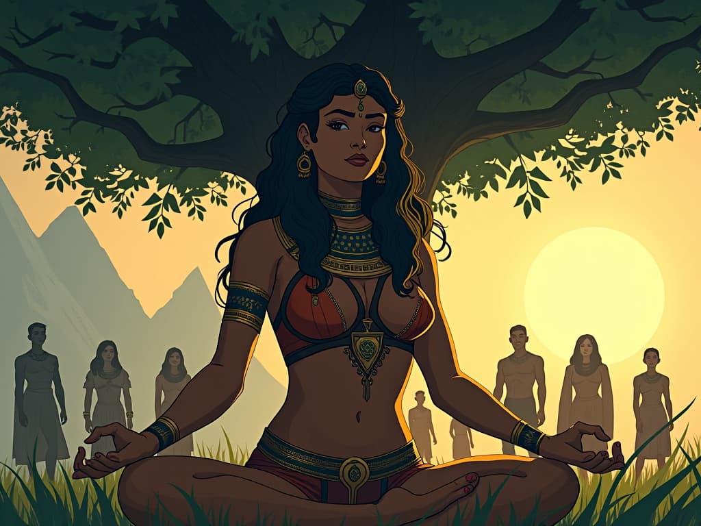  people drawn to a large busted woman meditating under a tree, captivated by the clarity of her perspective. the style is digital art illustration / modern comic book / mysterious occult, symbolic, esoteric vibe,high detail on character design, incorporating ancient egyptian symbology and attire.