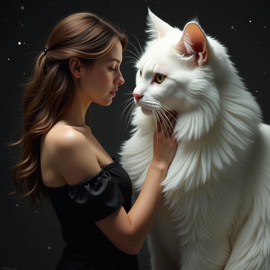  hyperrealistic art a beautiful brown haired girl in a black silk dress,stroking the chest of a huge white cat ,the cat is several times taller than her,the background is dark with sparkling particles ,realism,hd quality ,cinematic style quality . extremely high resolution details, photographic, realism pushed to extreme, fine texture, incredibly lifelike