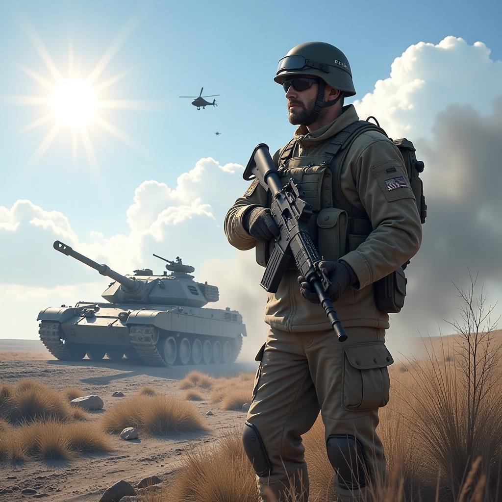  breathtaking (russian soldier standing with machine gun in hand) (background artillery, tank: 1.8), helicopters flying, bright blue sky, sun . award winning, professional, highly detailed