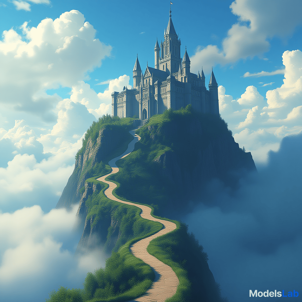  an ancient castle on top of the clouds, reached by a long, winding road that rises into the sky.. in anime style