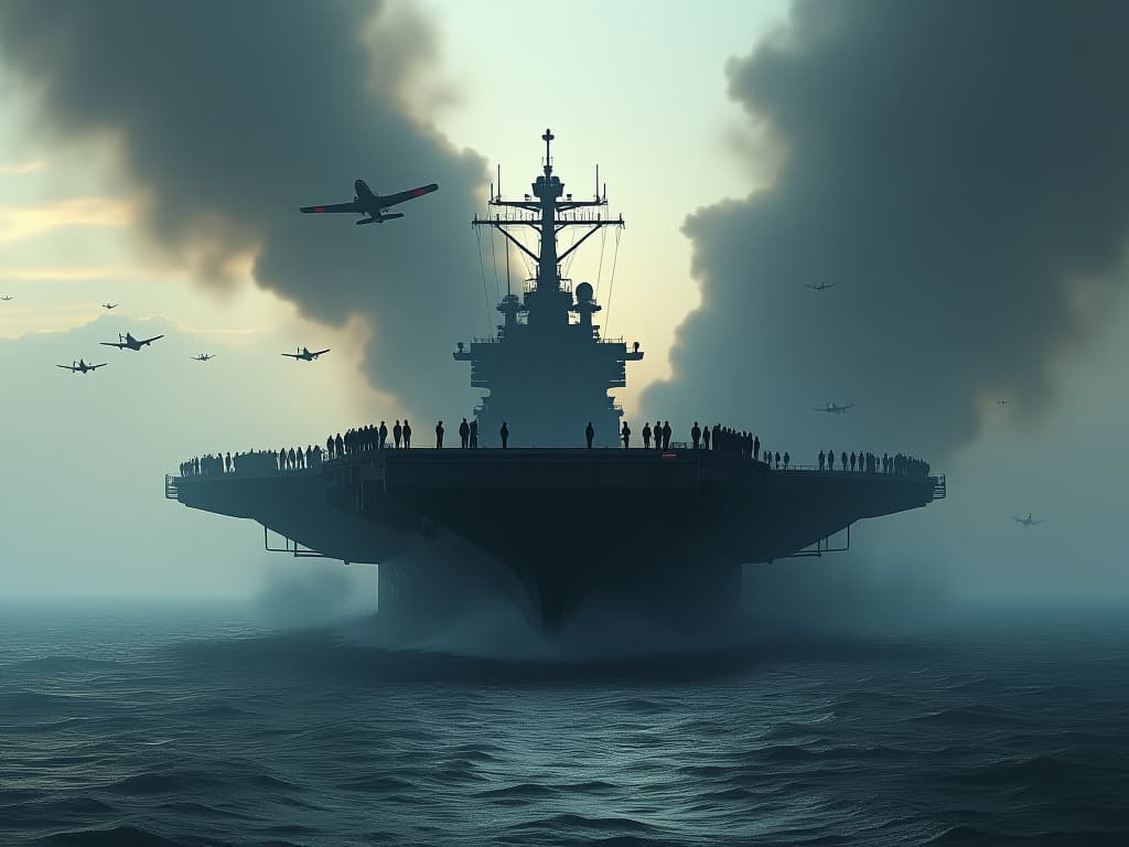  a historical depiction of the mighty aircraft carriers of the imperial japanese navy during the battle of the philippine sea, focusing on the imposing silhouette of the aircraft carrier taiho in the foreground, engaged in a fierce naval battle. include japanese pilots preparing for takeoff, the crewman managing the decks, and a backdrop of intense dogfights in the sky. the scene captures a mixture of dread and determination as the japanese forces face the american naval might, with an emphasis on the advanced technology of the era, swirling clouds of smoke, and aerial action. hyperrealistic, full body, detailed clothing, highly detailed, cinematic lighting, stunningly beautiful, intricate, sharp focus, f/1. 8, 85mm, (centered image composition), (professionally color graded), ((bright soft diffused light)), volumetric fog, trending on instagram, trending on tumblr, HDR 4K, 8K