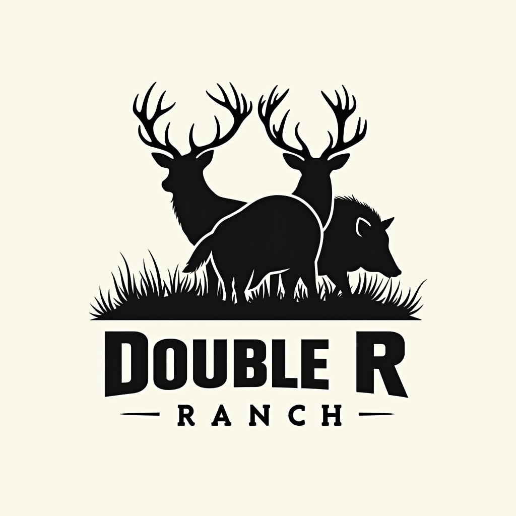  design a logo, sleek black and white logo design which incorporates a deer , a turkey and a wild hog, with 2 letter r facing back to back in the forefront. the text title is “double r ranch”