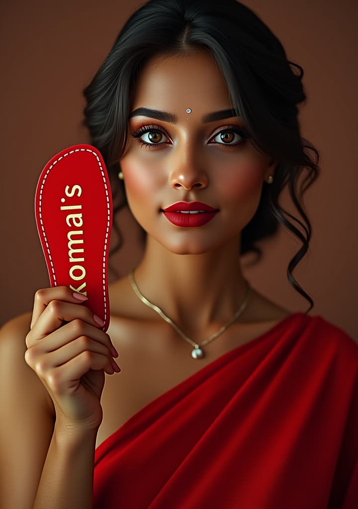  a bold, female, indian, fair body color, adult, model profession, showing red sandle product, text write on sandle in bold font style "komal's" hyperrealistic, full body, detailed clothing, highly detailed, cinematic lighting, stunningly beautiful, intricate, sharp focus, f/1. 8, 85mm, (centered image composition), (professionally color graded), ((bright soft diffused light)), volumetric fog, trending on instagram, trending on tumblr, HDR 4K, 8K