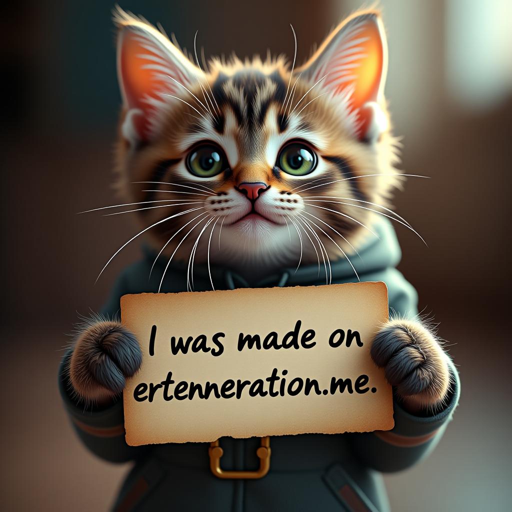  a postcard with a picture of a cheerful kittenholding a text sign with text "i was made on Аrteneration.me" hyperrealistic, full body, detailed clothing, highly detailed, cinematic lighting, stunningly beautiful, intricate, sharp focus, f/1. 8, 85mm, (centered image composition), (professionally color graded), ((bright soft diffused light)), volumetric fog, trending on instagram, trending on tumblr, HDR 4K, 8K