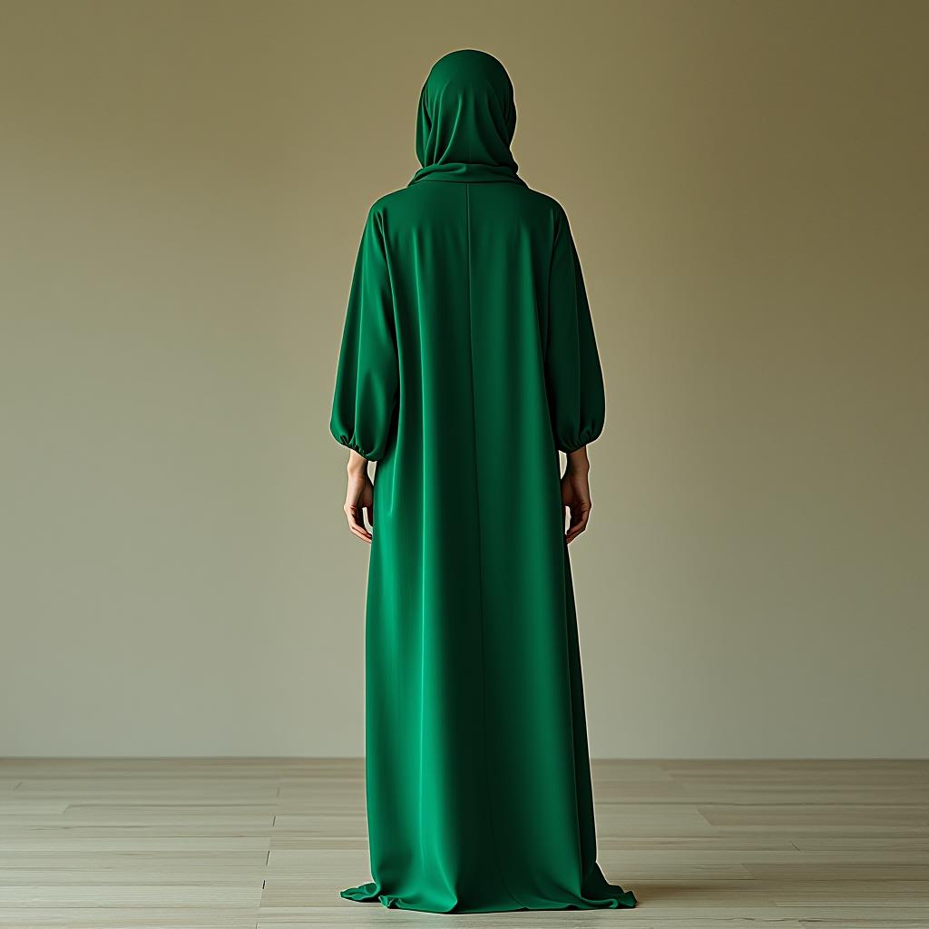  a muslim woman in a loose fitting long green dress from the back.