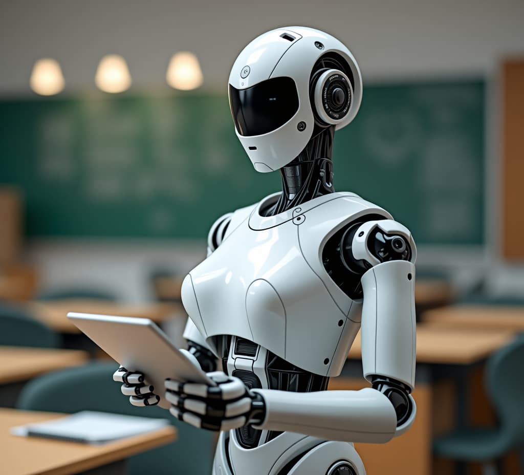  portrait of a female robot teacher in the classroom.