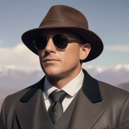 Reymond reddington with sunglasses old in Steampunk style with Mountains background