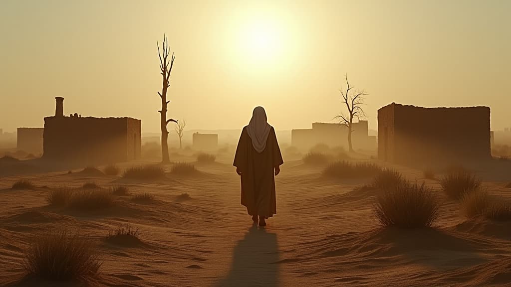  history of biblical times, a desolate landscape under the oppressive rule of the midianite empire, highlighting the devastation faced by gideon's people. the scene captures broken homes and barren fields. hyperrealistic, full body, detailed clothing, highly detailed, cinematic lighting, stunningly beautiful, intricate, sharp focus, f/1. 8, 85mm, (centered image composition), (professionally color graded), ((bright soft diffused light)), volumetric fog, trending on instagram, trending on tumblr, HDR 4K, 8K