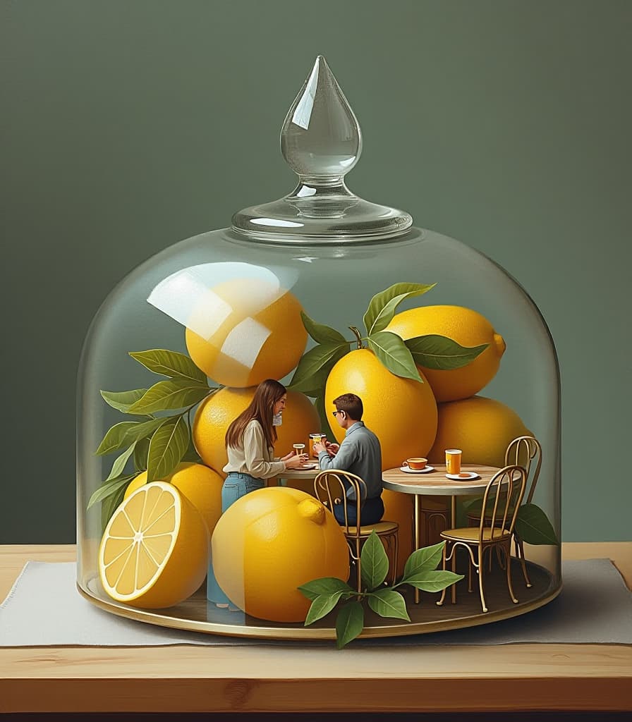  hyperrealistic art painting. oil painting. (a glass lemon storage vessel, with a glass lid in the shape of a dome, houses a miniature cafe with tables and with visitors:1.5). surrealism style. high detail. high resolution . extremely high resolution details, photographic, realism pushed to extreme, fine texture, incredibly lifelike