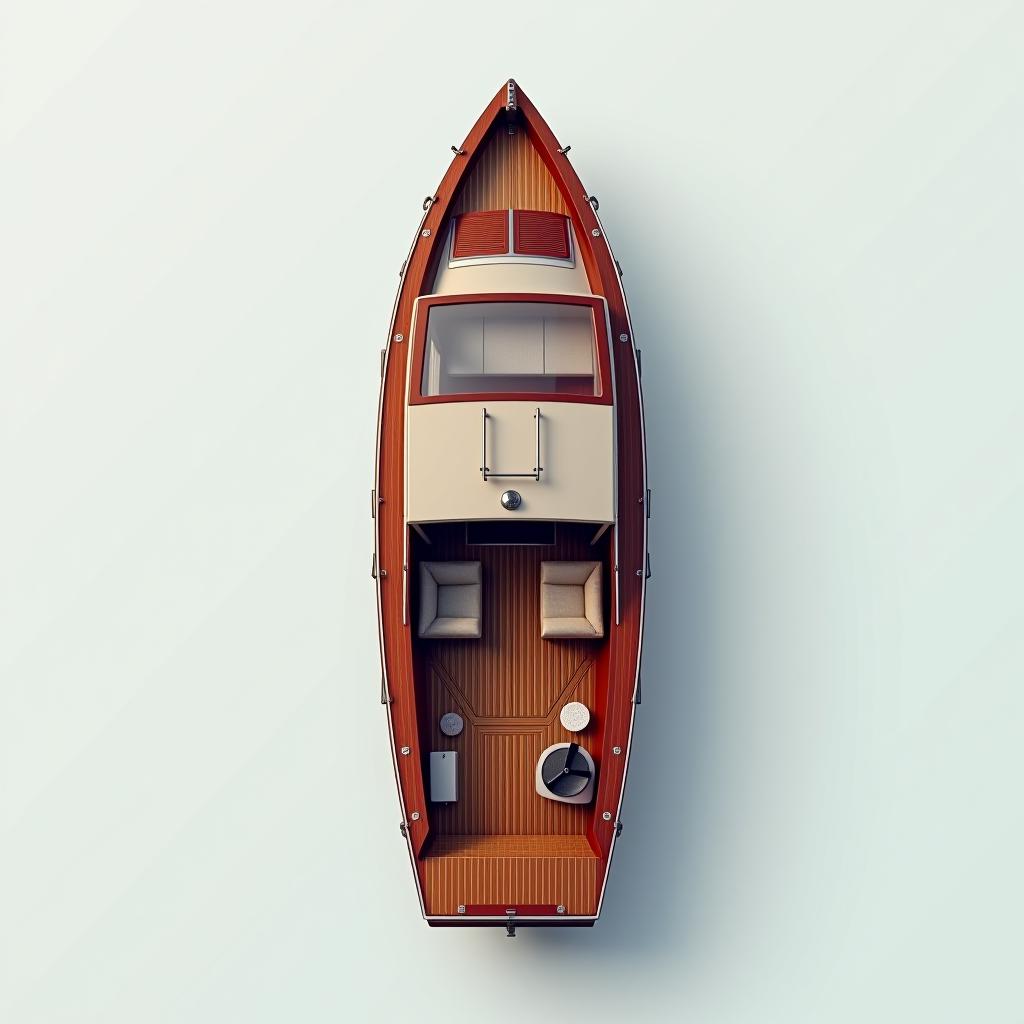  generate a top view picture of vinta boat. i want the boat itself and a plain white background.