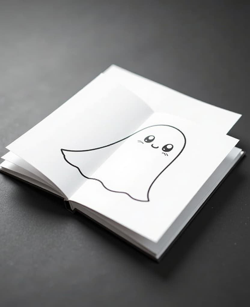  centered black and white high contrast line drawing, coloring book style,a small booklet with few pages open on a dark grey surface, with a drawing of a kawaii ghost in the center of one of the pages. the background of the open page is blank to allow for customization. in the middle of one of the pages of the book there is a second sheet of paper slightly tilted, with broken lines suggesting that it is a removable, hand drawn coloring sheet, focusing on simplicity and clarity of lines, perfect for coloring., monochrome, blank white background