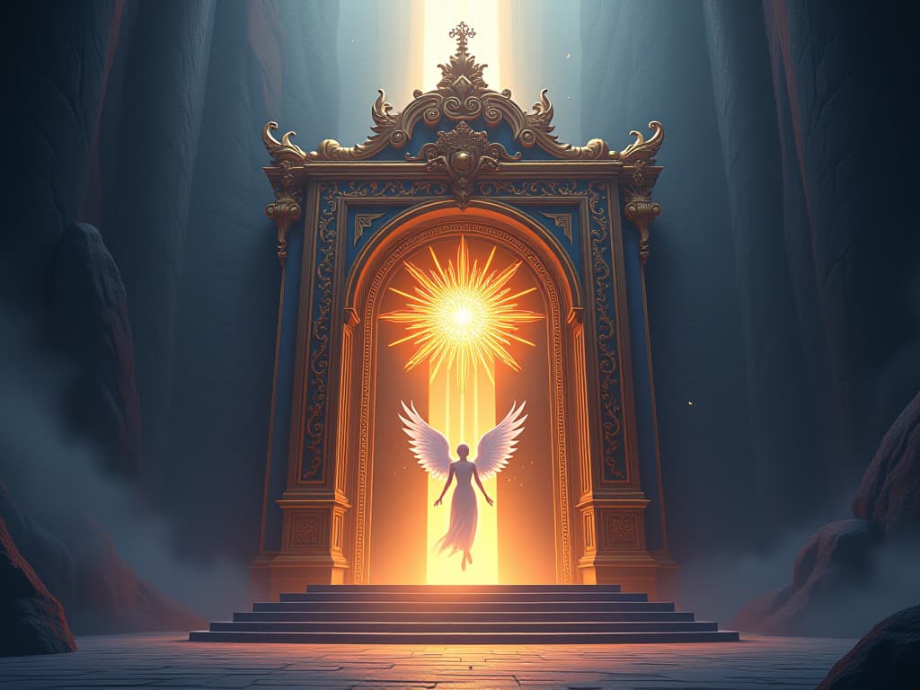  ornate temple gates with radiant patterns, beams of light, ethereal keepers guarding entrance, sacred ambiance. the style is digital art illustration,highly detailed, whimsical,magical, dreamlike atmosphere, realism and fantasy blend, smooth, glossy textures,luminous quality, wonder and enchantment.