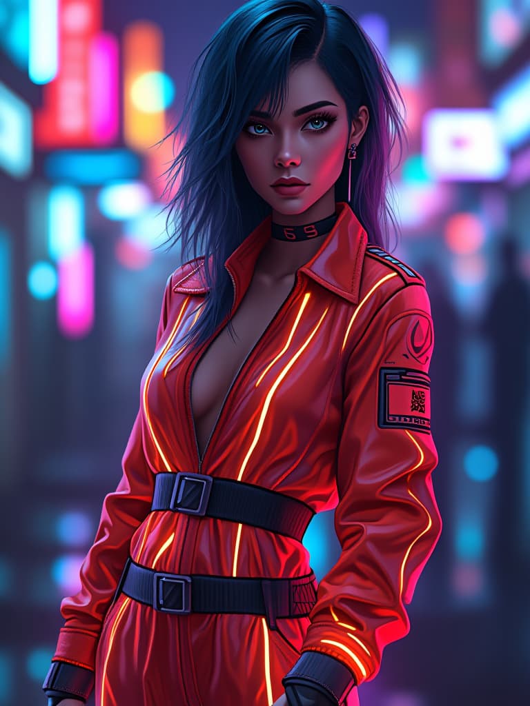  beautiful woman in cyber punk style in a jump suit, bright flashing neon lights, uhd, 8k