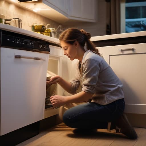 A photo of a skilled repair technician meticulously repairing a faulty dishwasher in a cozy, dimly lit kitchen during the late evening. The warm, soft lighting casts elongated shadows across the appliances, creating a serene and focused atmosphere.