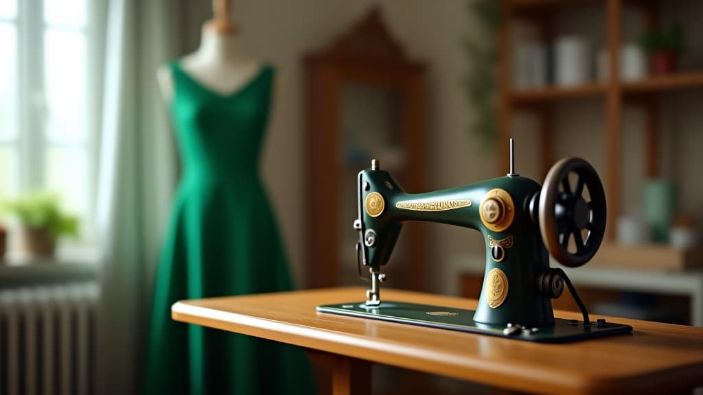  vintage retro old antique sewing machine placed in a room interior next to the green dress. home workshop studio equipment for a tailor textile designer craft, fabric clothing industry