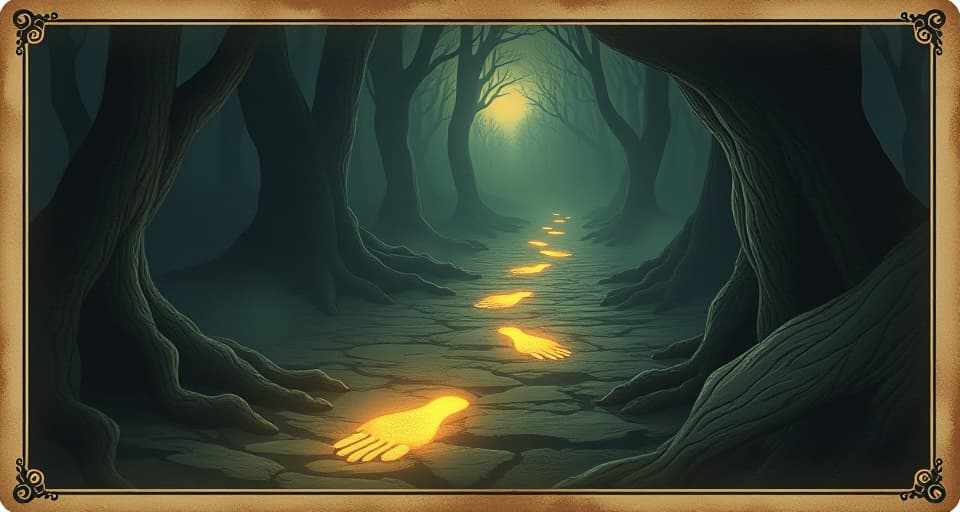  ethereal footprints glowing with purpose, each step leaving a radiant mark, dark path ahead, determined mood, celestial glow. an illustration in the style of a worn, mystical old tarot trump card, mysterious and elements of surrealism. the colors are muted, somber and eerie, but with contrast bring out an occult and esoteric vibe.