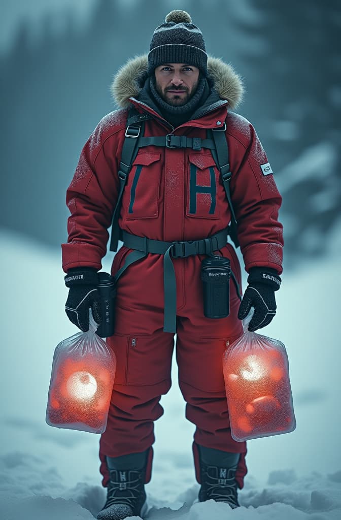  ice bags hyperrealistic, full body, detailed clothing, highly detailed, cinematic lighting, stunningly beautiful, intricate, sharp focus, f/1. 8, 85mm, (centered image composition), (professionally color graded), ((bright soft diffused light)), volumetric fog, trending on instagram, trending on tumblr, HDR 4K, 8K