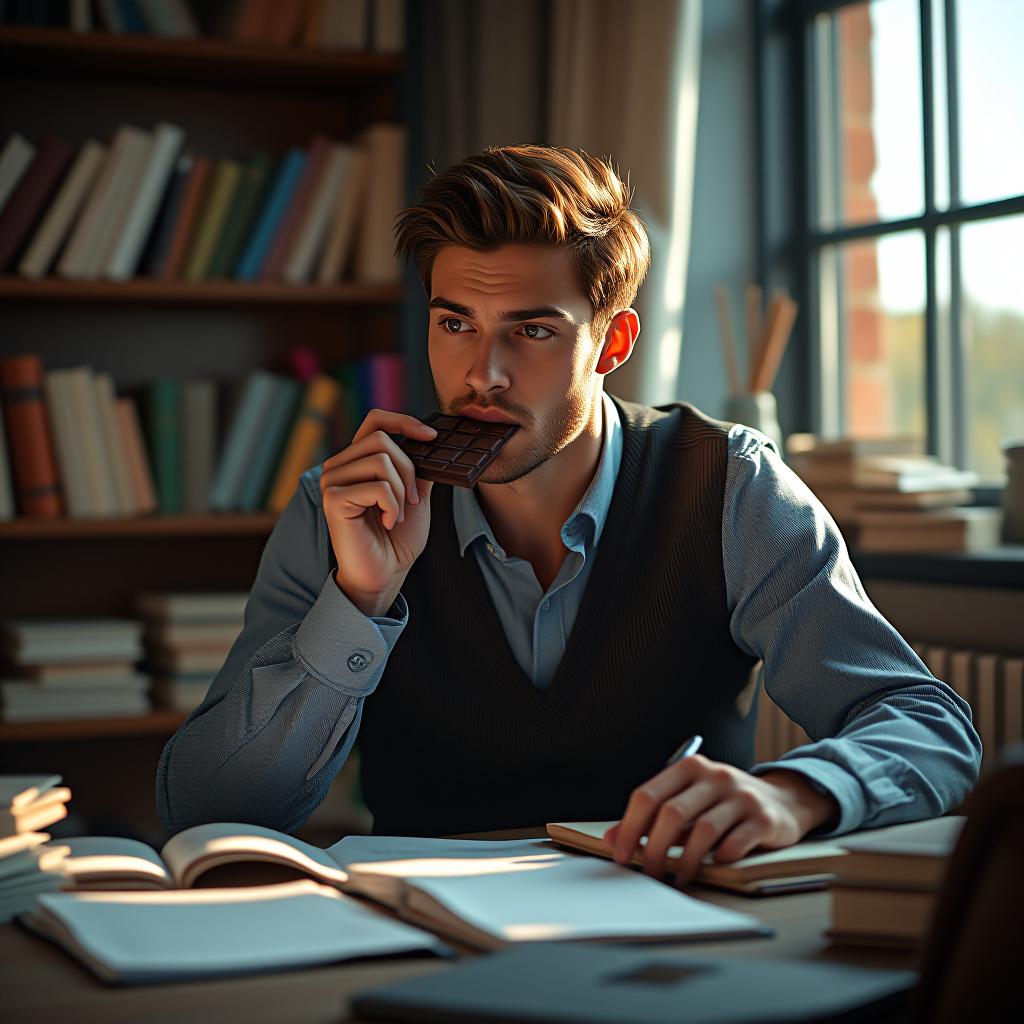  create a high quality, photorealistic image that vividly depicts the following scene: "an ultra high definition, vivid image captures a scene in which a young man delves into a bar of antioxidant rich dark chocolate in the middle of his study. his university textbooks and sheets of notes are strewn around him, suggesting an influx of creative energy and heightened mental agility. his bright, focused eyes shine with clarity and cognitive enhancement due to the indulgence. his glowing complexion, emphasized by the diffused light from a nearby window, reveals the positive effects of antioxidants. the image is enriched by a blend of mandalay and ebb pastel hues, the comforting ambiance of a study den with soft, warm lights, nikon d6, nikko hyperrealistic, full body, detailed clothing, highly detailed, cinematic lighting, stunningly beautiful, intricate, sharp focus, f/1. 8, 85mm, (centered image composition), (professionally color graded), ((bright soft diffused light)), volumetric fog, trending on instagram, trending on tumblr, HDR 4K, 8K