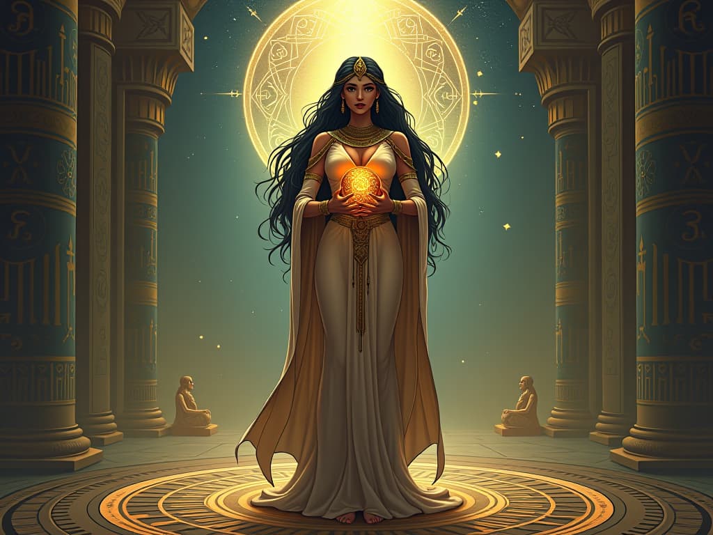  a high priestess, large busted, dressed in sheer, form fitting linens, standing in a circle of ancient runes, holding a glowing orb, surrounded by floating glyphs and celestial symbols, representing cosmic connection. the style is digital art illustration / modern comic book / mysterious occult, symbolic, esoteric vibe,high detail on character design, incorporating ancient egyptian symbology and attire.