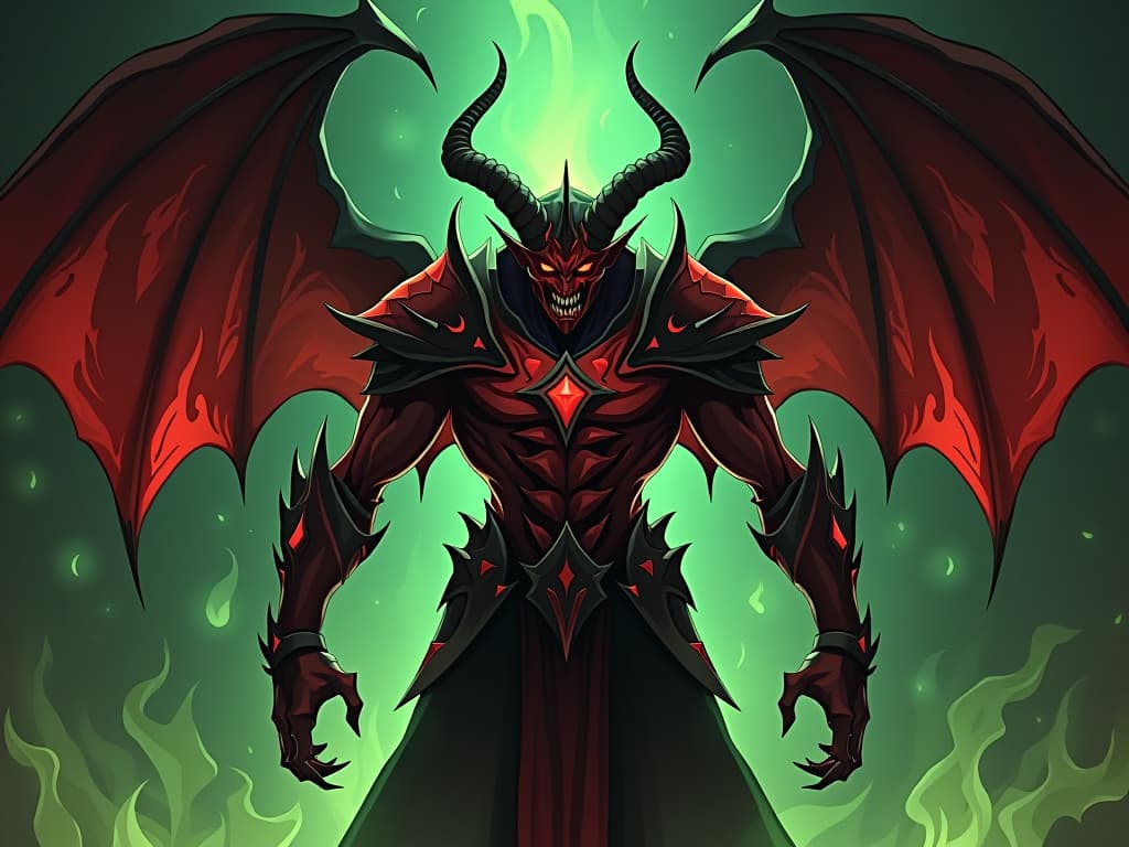  jealous demon in red armor, sharp teeth bared, standing amidst green flames, aura of bitterness and envy. the style is digital art illustration / modern comic book / graphic dark novel fantasy and mysterious occult, symbolic, moody lighting, esoteric vibe,high detail on character design. for the color scheme emphasize blacks and reds.