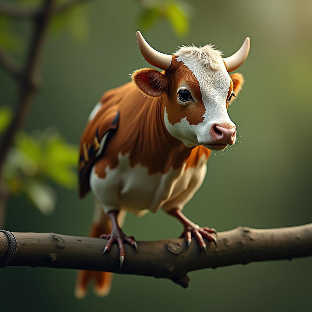  hyperrealistic art hybrid between a house sparrow and a cow, the small, agile body of a house sparrow with the head of a cow, perched on a tree branch, hyper realistic, action scene, cinematic, perfect textures, tilt shift effect. . extremely high resolution details, photographic, realism pushed to extreme, fine texture, incredibly lifelike