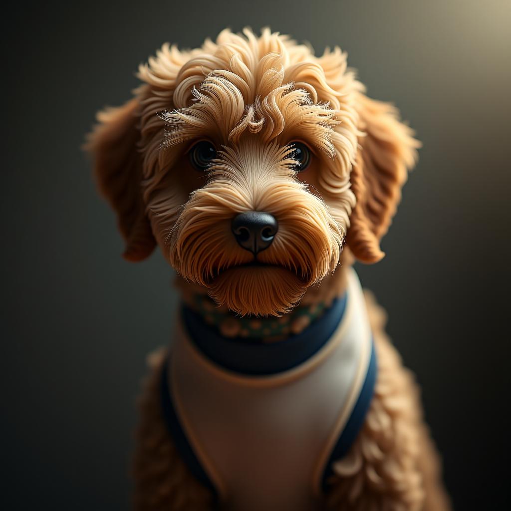  labradoodle hyperrealistic, full body, detailed clothing, highly detailed, cinematic lighting, stunningly beautiful, intricate, sharp focus, f/1. 8, 85mm, (centered image composition), (professionally color graded), ((bright soft diffused light)), volumetric fog, trending on instagram, trending on tumblr, HDR 4K, 8K