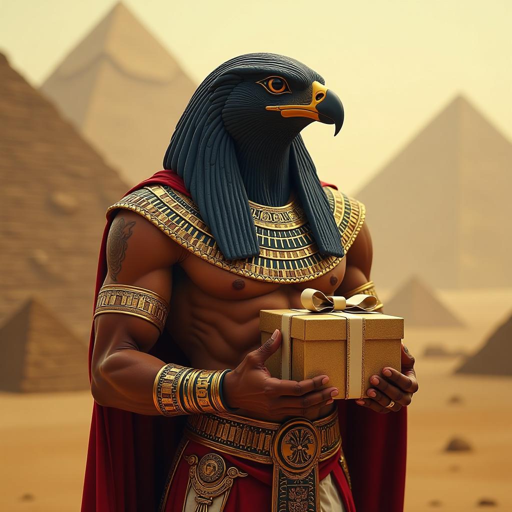  egyptian god horus with a falcon head holds a gift box in his hands, egyptian landscape in the background, art style, beautiful lighting effects, intricate details, epic, cinematic hyperrealistic, full body, detailed clothing, highly detailed, cinematic lighting, stunningly beautiful, intricate, sharp focus, f/1. 8, 85mm, (centered image composition), (professionally color graded), ((bright soft diffused light)), volumetric fog, trending on instagram, trending on tumblr, HDR 4K, 8K