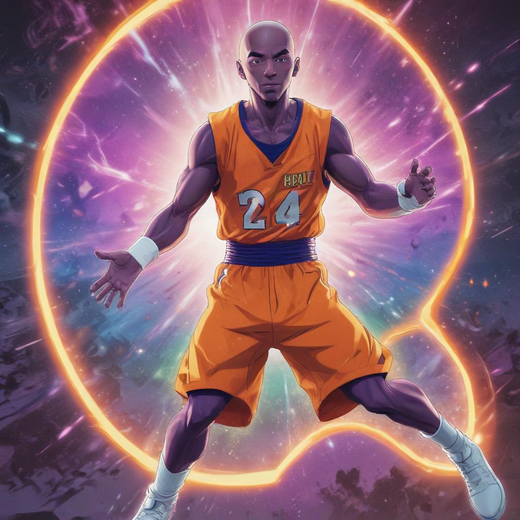 distance-shot, flashy, full-body, dynamic, holographic, animated cartoon poster of kobe scene in the style of dragon ball super