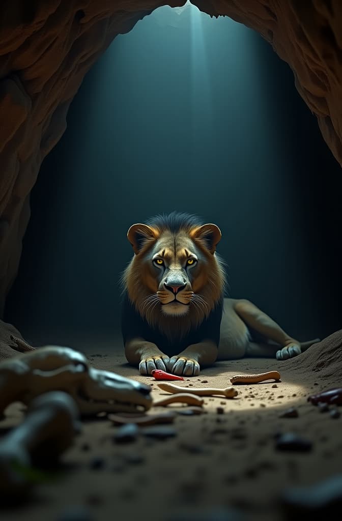  inside the lion’s den, the setting is dark and eerie. the lion lies in wait, his eyes glowing faintly in the shadows, surrounded by the remnants of his deceitful feast—bones and remnants of the animals he has tricked. the walls of the cave are rugged, and the atmosphere is heavy with the scent of death and decay. a faint beam of light from the entrance highlights the dusty, barren ground, making the scene even more unsettling., realistic, portrait, art by donato giancola and greg rutkowski, realistic face, digital art, trending on artstation hyperrealistic, full body, detailed clothing, highly detailed, cinematic lighting, stunningly beautiful, intricate, sharp focus, f/1. 8, 85mm, (centered image composition), (professionally color graded), ((bright soft diffused light)), volumetric fog, trending on instagram, trending on tumblr, HDR 4K, 8K