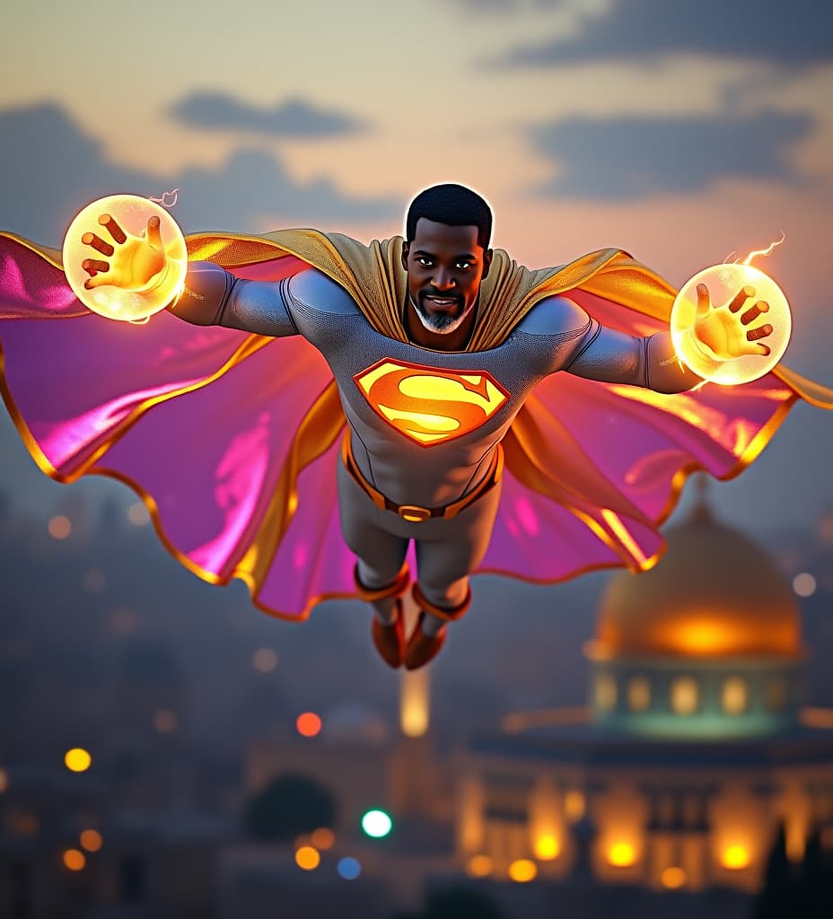  african superman king priest, flying above the dome of the rock in jerusalem, his cape is radiant iridescent gold electric blue magenta iridescent translucent, gold mli foil transparent iridescent lightsail cape. his suit is pearl white and golden glowing iridescent, gold, golden shining energy armor, iridescent glowing illuminated gold "s" on chest, kamehameha plasma power sphere lightning solar fireballs glowing from his fists. glowing iridescent lightning eyes, short curly temple fade black hair on head, white platinum goatee beard.