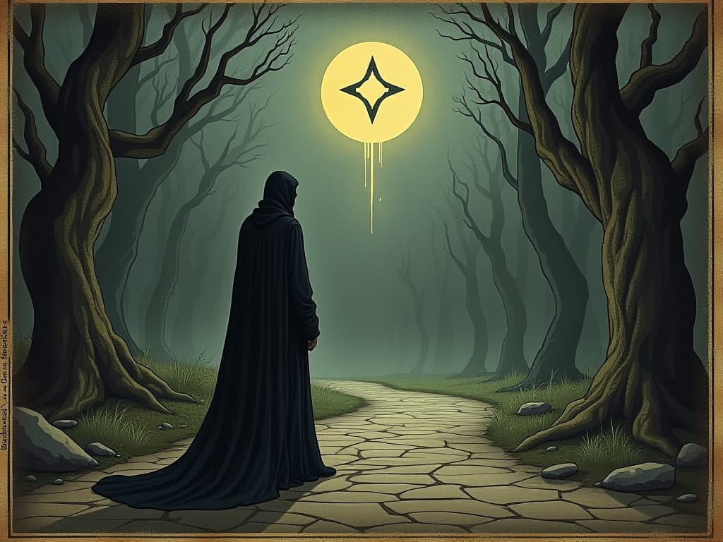  a serene seer standing at a crossroads of reality, paths shifting and changing, faint glow of an otherworldly light guiding the way, contemplative, guiding. an illustration in the style of a worn, mystical old tarot trump card, mysterious and elements of surrealism. the colors are muted, somber and eerie, but with contrast bring out an occult and esoteric vibe.