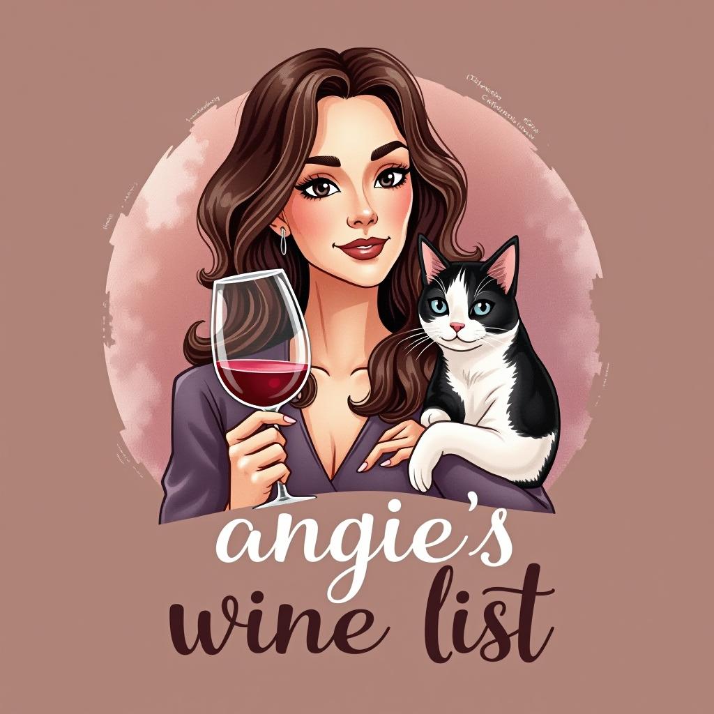  design a logo, in a watercolor style. a woman with a glass of wine and a black and white cat, with the text 'angie’s wine list'.