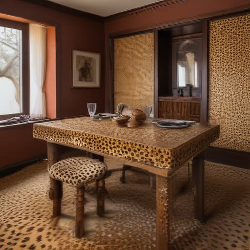 inside the room there is a table made of cheetah skin