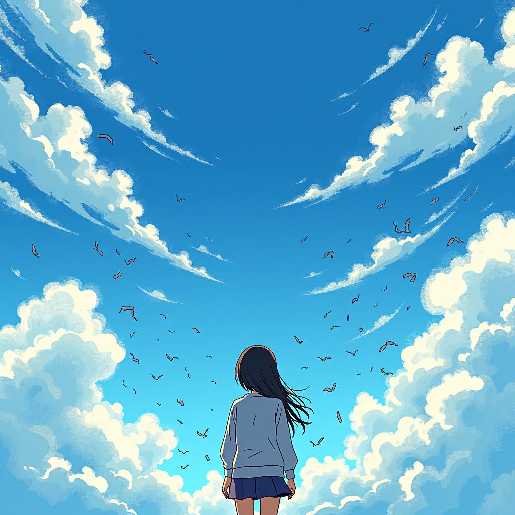  many black pencil scrawls doodles on the sky with a beautiful blue sky background with unique soft white clouds. anime. studio ghibli style. firooze hyperrealistic, full body, detailed clothing, highly detailed, cinematic lighting, stunningly beautiful, intricate, sharp focus, f/1. 8, 85mm, (centered image composition), (professionally color graded), ((bright soft diffused light)), volumetric fog, trending on instagram, trending on tumblr, HDR 4K, 8K