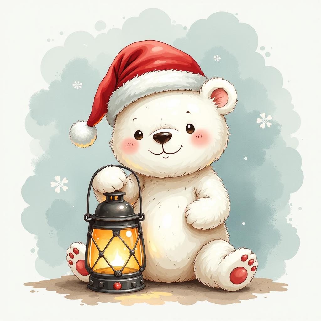  artwork grotesque, cute white bear in santa's hat sits carrying a big lantern, light shades , watercolor techniques, featuring fluid colors, subtle gradients, transparency associated with watercolor art