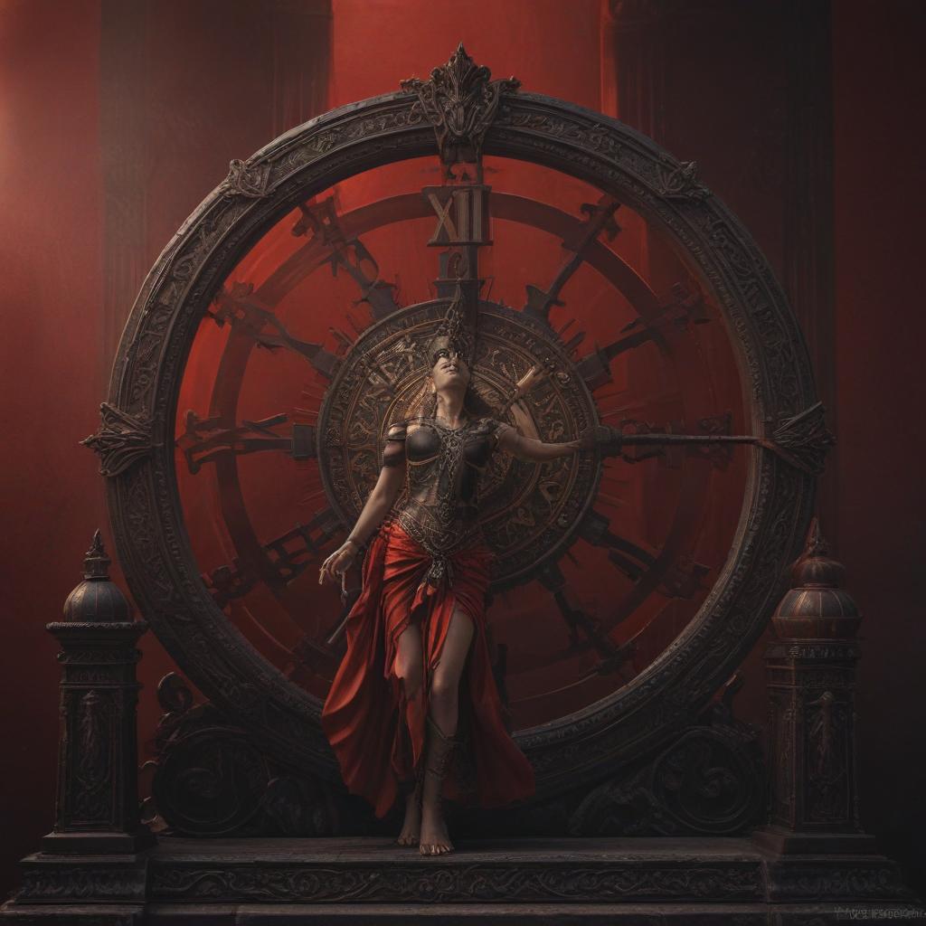 A transition shot with a time jump effect, showing a clock ticking for 1.5 seconds, symbolizing the moment of truth and resolution approaching, heightening the anticipation and drama, stylized with ticking clock hands and a rising tension in the soundtrack"in the style of classical Greek pottery art, with intricate black figures on a red background, depicting mythological scenes with a focus on gods and heroes, using a limited color palette of red, black, and white"This image is a breathtaking painting that captures the magical scene with vivid detail. The overall composition is spellbinding, showcasing a perfect harmony. photorealism fantasy, unreal engine 5, concept hyperrealistic, full body, detailed clothing, highly detailed, cinematic lighting, stunningly beautiful, intricate, sharp focus, f/1. 8, 85mm, (centered image composition), (professionally color graded), ((bright soft diffused light)), volumetric fog, trending on instagram, trending on tumblr, HDR 4K, 8K