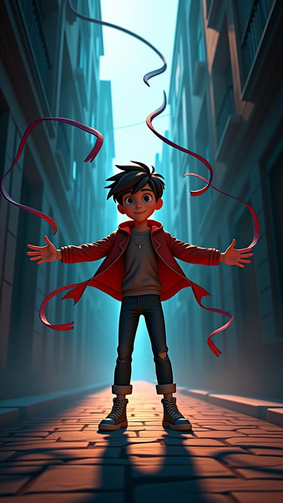  pixar style 3d animation, young man unleashing shadowy tendrils, shadowy alley background, dynamic lighting, vibrant colors, detailed textures