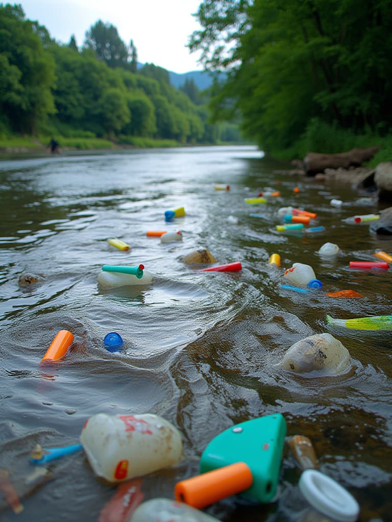  a river is blocked by plastic trash. the water is no longer clear