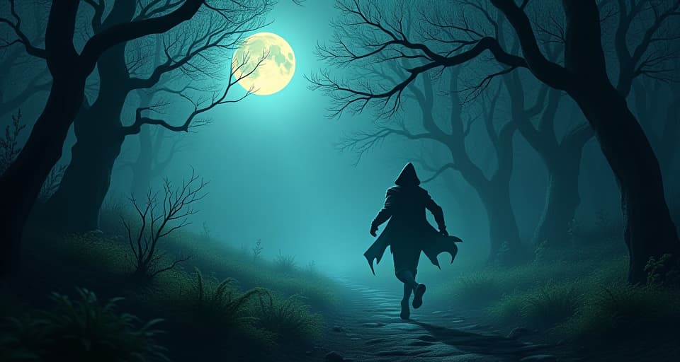  a shadowy figure frantically running through a moonlit, enchanted forest, while whispers echo all around, conveying an inescapable fate. whispering doom, frantic escape, moonlit pursuit.. the style is digital art illustration,highly detailed, whimsical,magical, dreamlike atmosphere, realism and fantasy blend, smooth, glossy textures,luminous quality, wonder and enchantment.