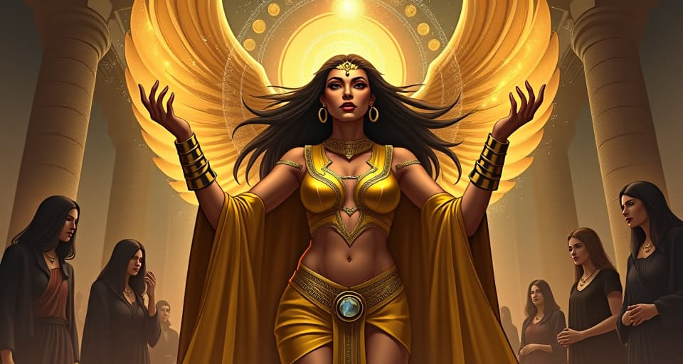  a high priestess, large busted, in a form fitting gold attire, her hands raised, arcane symbols floating around her, energies swirling, onlookers in the background struggling to comprehend, mysterious forces at work. the style is digital art illustration / modern comic book / mysterious occult, symbolic, esoteric vibe,high detail on character design, incorporating ancient egyptian symbology and attire.