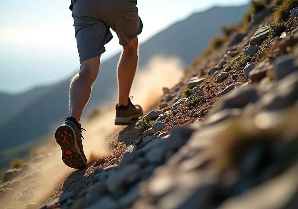  a hiker climbs a steep rocky hill wearing hiking boots, leaving a trail of dust in their wake as they make their way over the difficult terrain with perseverance and drive,