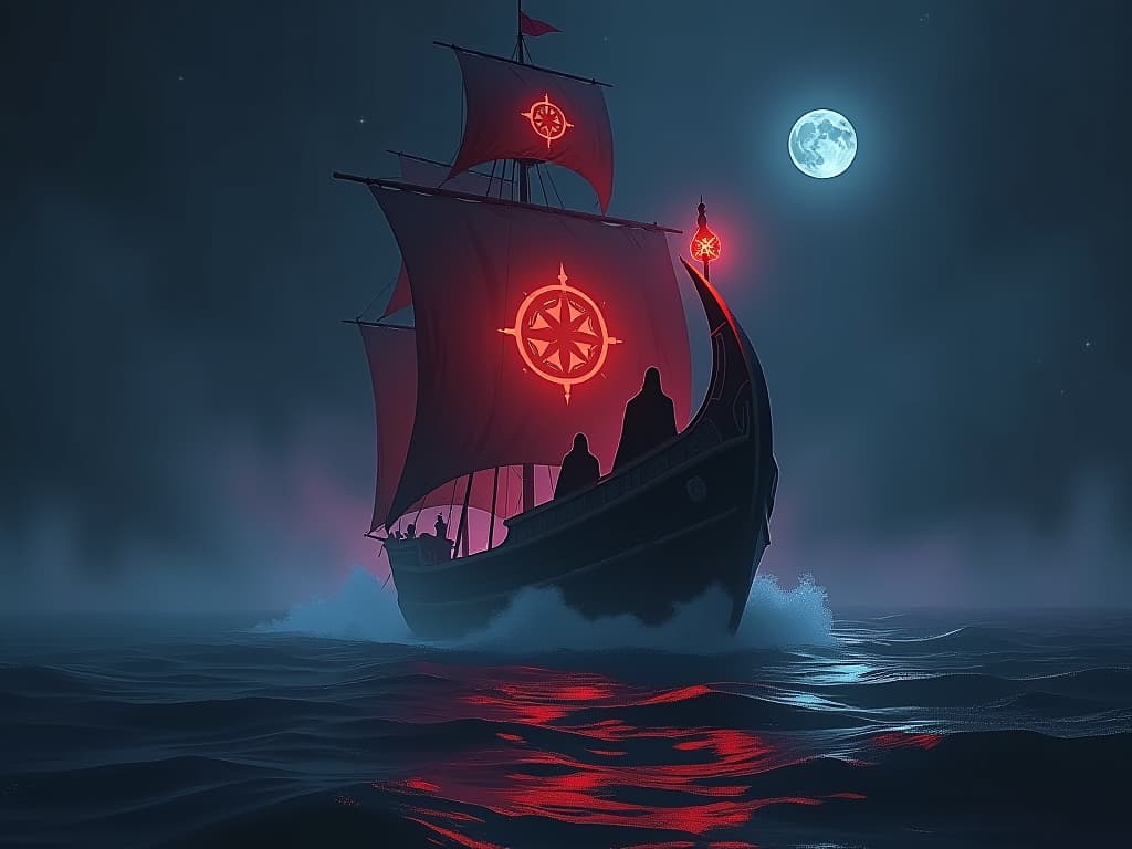  a spectral ship sailing on an ethereal sea, led by a robed captain with a glowing compass, aura of journey and redemption, night sky with shimmering stars.. the style is dark fantasy and mysterious occult, symbolic, moody lighting, esoteric vibe,high detail on character design. for the color scheme emphasize blacks and reds.