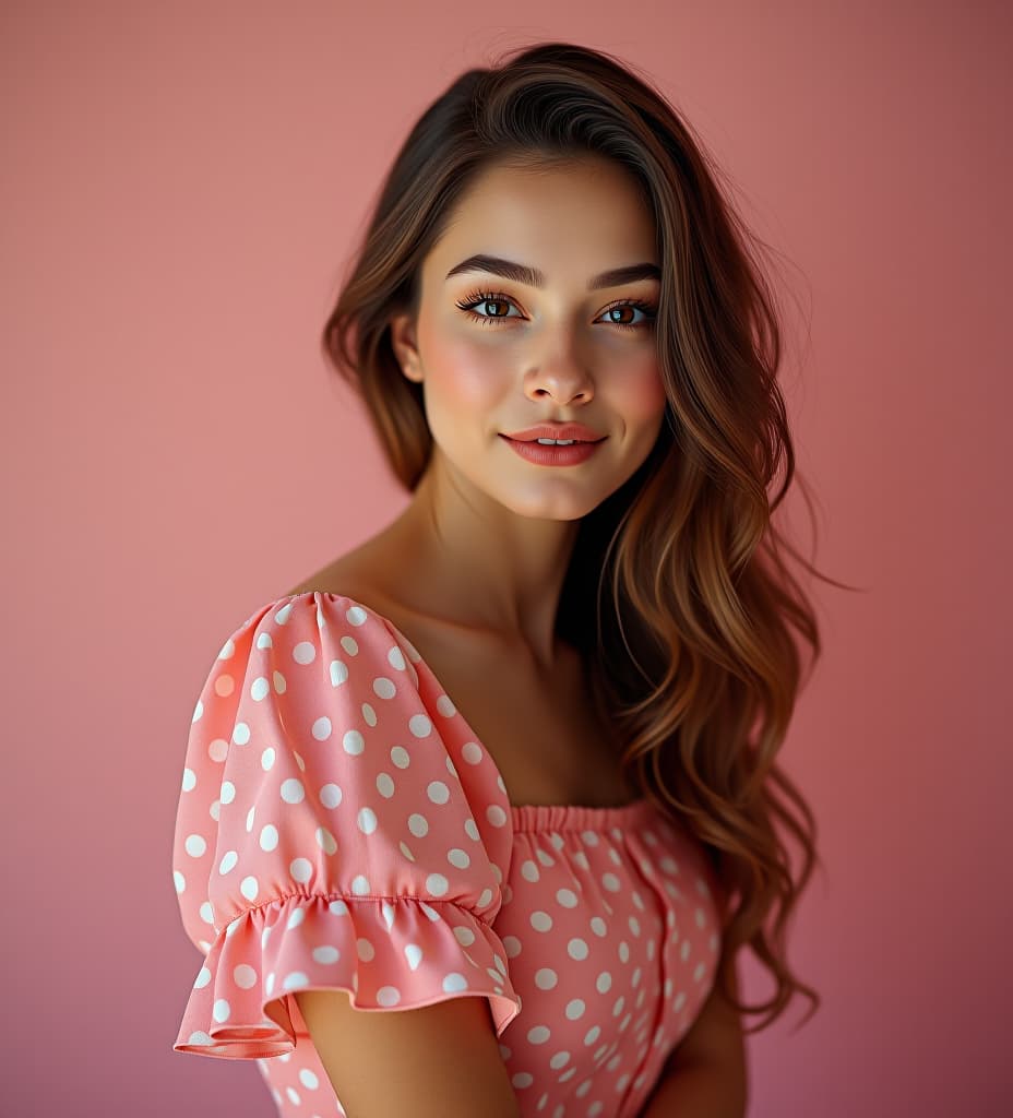  photograohy, super photorealistic, lovely young lady in a beautiful dot print dress of pink color, very cute, shot with 35 mm film camera, kodak faded film, high resolution, fine detailed body abd face, she is self embracing, instagram vibe, low exposure, aperture f.8, focal lenght 27 mm,