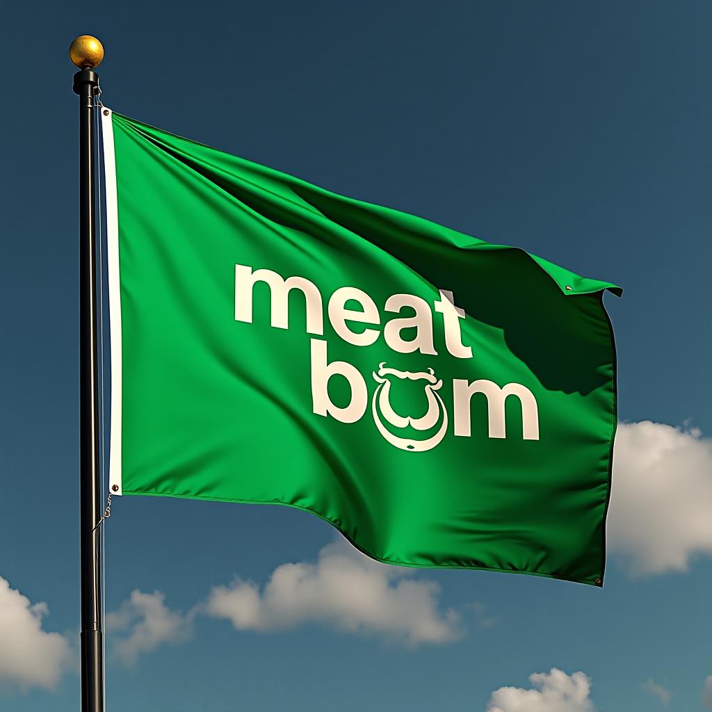  green flag of the meat products store named "meat boom". the inscription should be in the native language.