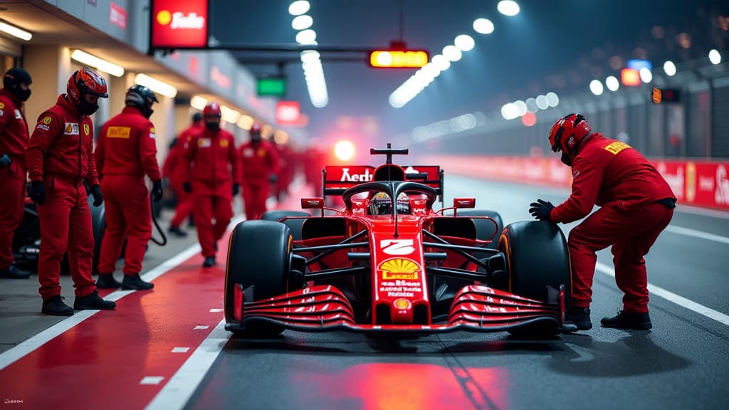  generate a visually striking image capturing the intense pit stop phase that cost charles leclerc the victory in baku. show a dramatic scene at the pit lane, with leclerc's car in focus, team members frantically working, and a sense of urgency and disappointment in the air. incorporate elements like the ferrari logo, racing equipment, and a stopwatch to emphasize the crucial moment. use vibrant colors, dynamic lighting, and intricate details to convey the high stakes atmosphere of formula 1 raci