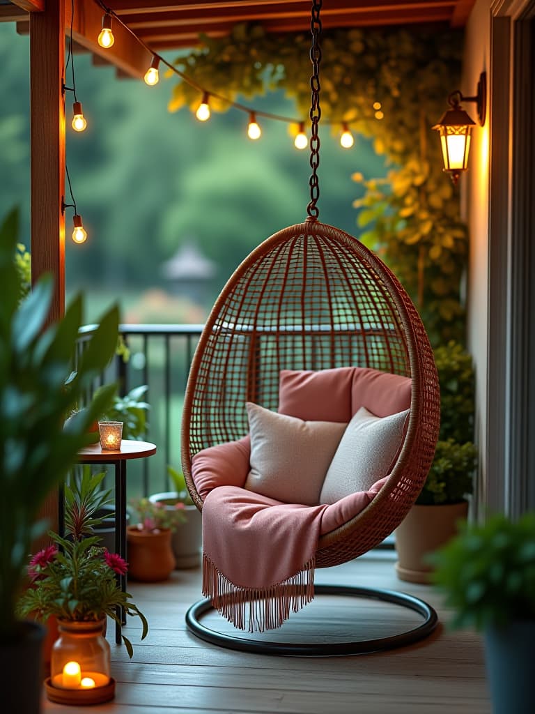  high quality portrait photo of a serene patio corner featuring a cozy hanging egg chair, plush cushions, and a small side table, surrounded by potted plants and string lights, with a view of a peaceful garden hyperrealistic, full body, detailed clothing, highly detailed, cinematic lighting, stunningly beautiful, intricate, sharp focus, f/1. 8, 85mm, (centered image composition), (professionally color graded), ((bright soft diffused light)), volumetric fog, trending on instagram, trending on tumblr, HDR 4K, 8K