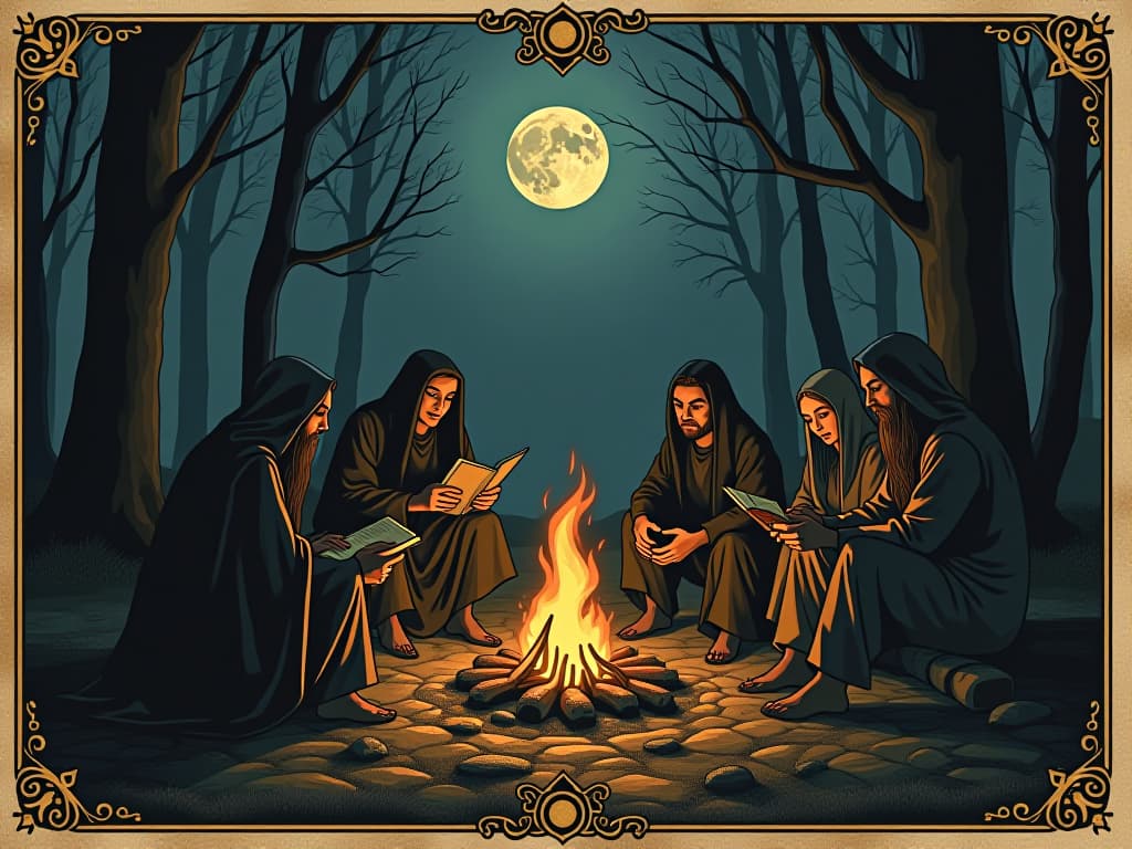  a circle of figures sharing stories by a campfire, unlocking mysteries, warm light, communal wisdom, night setting. an illustration in the style of a worn, mystical old tarot trump card, mysterious and elements of surrealism. the colors are muted, somber and eerie, but with contrast bring out an occult and esoteric vibe.