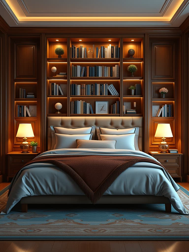  high quality portrait photo of an elegant bedroom with a floor to ceiling bookshelf headboard, integrated bedside tables, and hidden compartments, viewed from the foot of the bed with warm ambient lighting hyperrealistic, full body, detailed clothing, highly detailed, cinematic lighting, stunningly beautiful, intricate, sharp focus, f/1. 8, 85mm, (centered image composition), (professionally color graded), ((bright soft diffused light)), volumetric fog, trending on instagram, trending on tumblr, HDR 4K, 8K