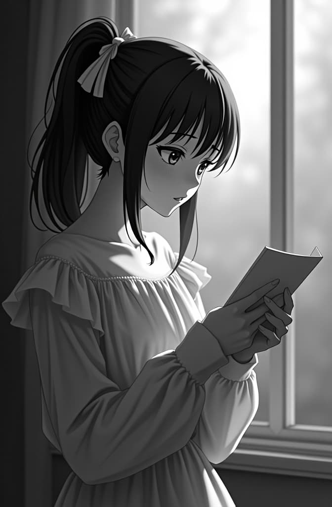  make a black and white image about girl open love letter from her crush, anime concept art by hayao miyazaki, featured on pixiv, fantasy art, concept art, official art, high detailed hyperrealistic, full body, detailed clothing, highly detailed, cinematic lighting, stunningly beautiful, intricate, sharp focus, f/1. 8, 85mm, (centered image composition), (professionally color graded), ((bright soft diffused light)), volumetric fog, trending on instagram, trending on tumblr, HDR 4K, 8K